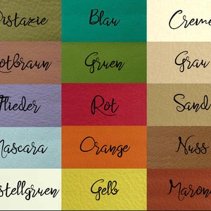 May include: A color chart with 12 different colored squares. Each square has a German word written in black cursive script. The words are: Pistazie, Blau, Creme, Rotbraun, Gruen, Grau, Flieder, Rot, Sand, Mascara, Orange, Nuss, Pastellgruen, Gelb, Marone.
