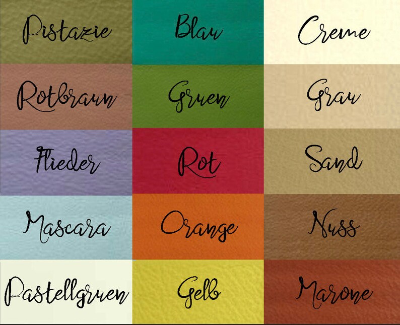 May include: A color chart with 12 different colored squares. Each square has a German word written in black cursive script. The words are: Pistazie, Blau, Creme, Rotbraun, Gruen, Grau, Flieder, Rot, Sand, Mascara, Orange, Nuss, Pastellgruen, Gelb, Marone.
