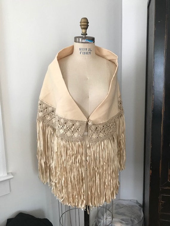 Vintage Wool Cream Fringe Shawl - 50's -60's?