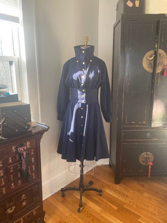 1980's Corseted Royal Blue Coat Dress! Gold Butto… - image 2
