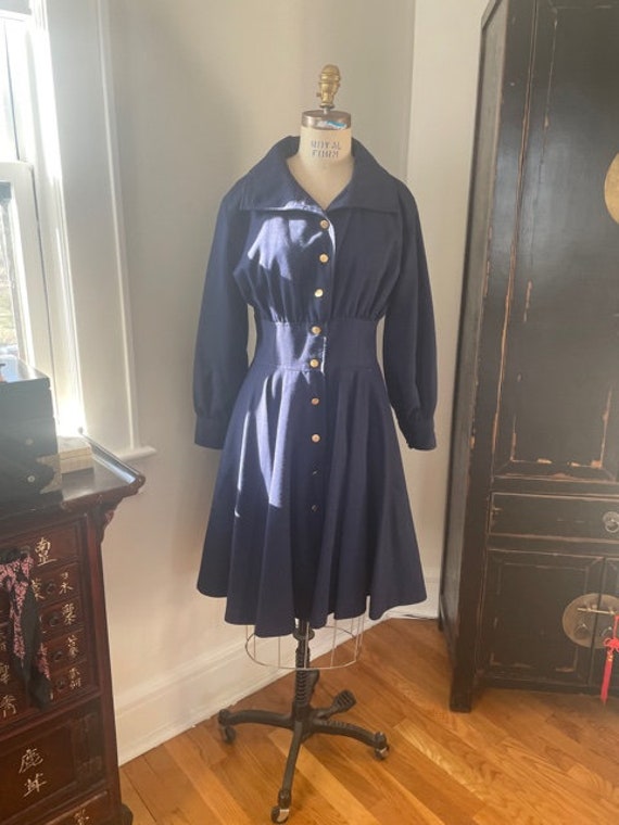 1980's Corseted Royal Blue Coat Dress! Gold Butto… - image 5