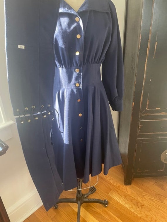1980's Corseted Royal Blue Coat Dress! Gold Butto… - image 6