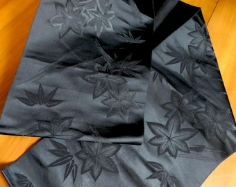 From Collection Noble Vintage Original Japanese Silk Obi Kimono Belt Black w/ Floral Ornaments