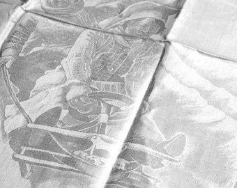 Rare German Art-Nouveau Collectors Linen Image/Dictum Towel Lustige Fahrt Sleigh ride fun Around 1900 40x18&quot;