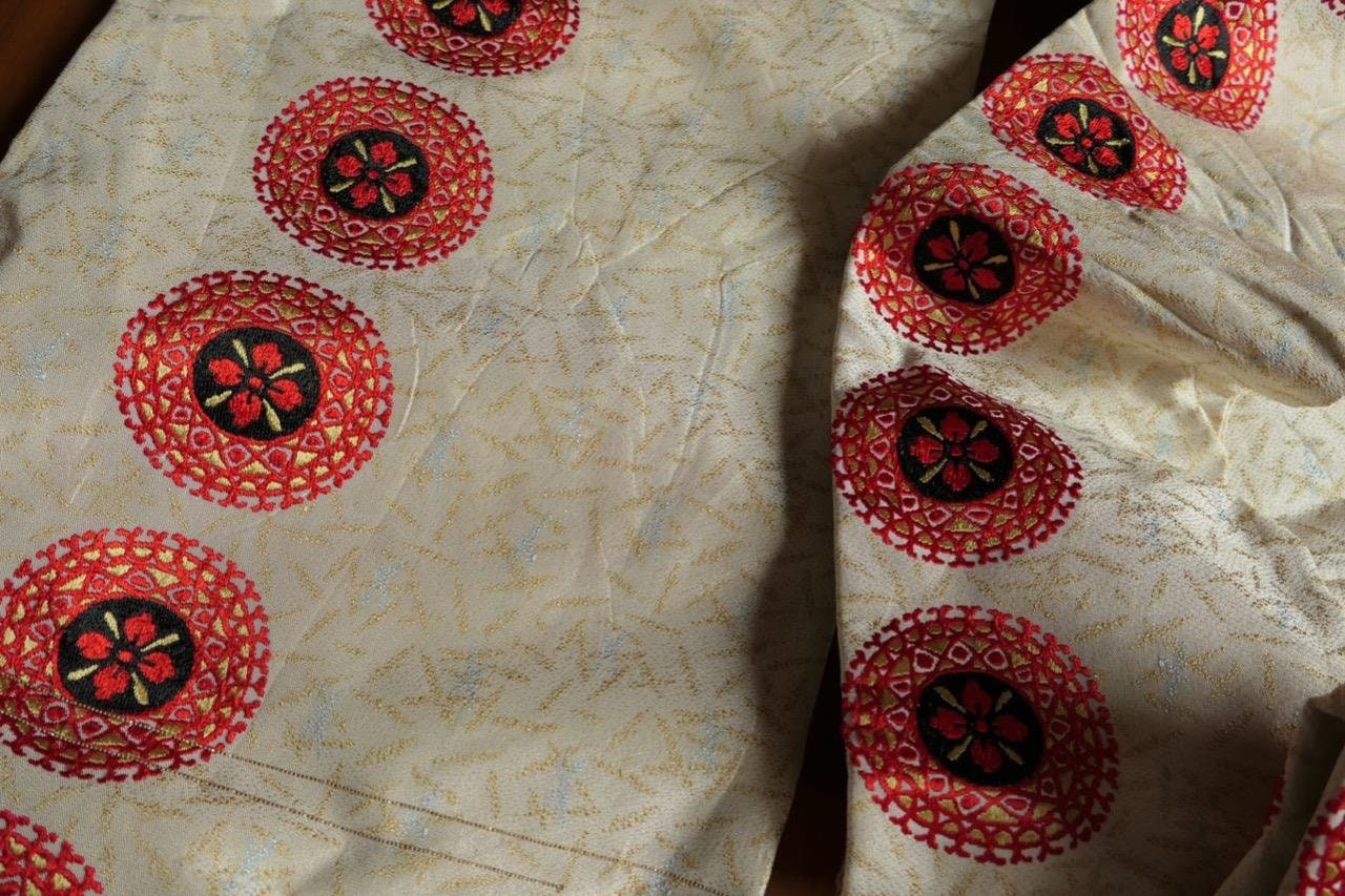From Collection Noble Vintage Original Japanese Silk Obi Kimono Belt Cream Patterned w/ Red Circles