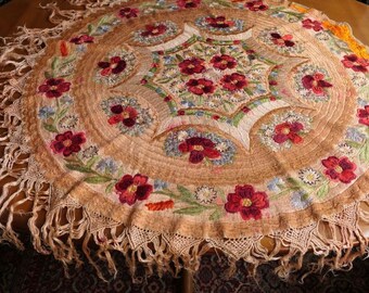 1840 Tablecloth Colorful Silk Matyo Flower Embroidery on Linen w/ Fringes