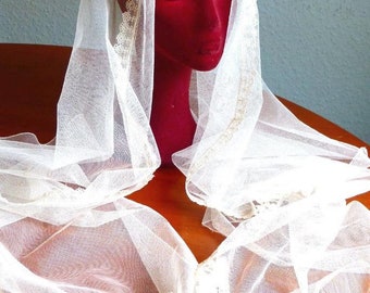 Handembroidered Antique Silk Tulle Bridal Veil with Point de Gaze & Duchesse Laces 94x20"
