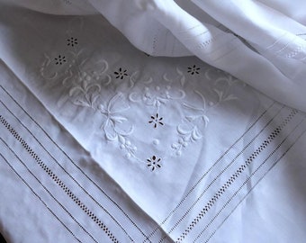 Highest Quality 100 Years Old French Linen Wrap Bedspread w/ Drawwork Cutwork Embroidery and Initial Vignette124x100"