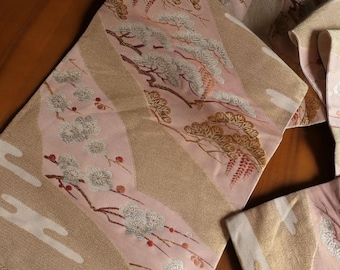 From Collection Noble Vintage Original Japanese Silk Obi Kimono Belt Golden Pink Cherry Blossoms