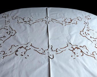 N108 Nappe en lin antique rare faite main + 6 serviettes de table gris Madère, broderie 120 x 120 cm