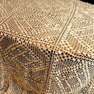 Huge Fantastic Cream Colored Handmade 1920's Crochet Bedspread Elevated Point Rhombs 119x103"