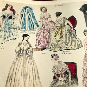 May include: An antique illustration featuring several women in period dresses. The dresses are in various colors, including white, pink, and cream, with details like ribbons, lace, and patterned fabrics. Text in French accompanies the illustrations.