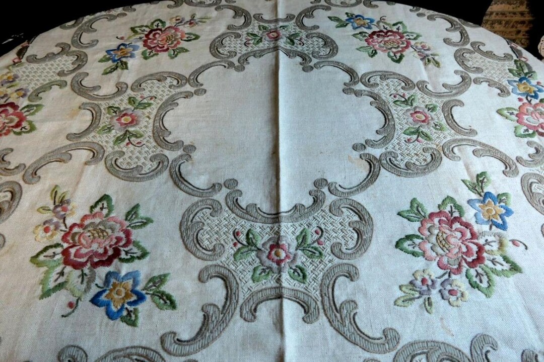 Rare Antique Natural Linen Tablecloth With Colored Ornamental Wool