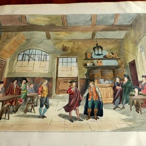 May include: A watercolor painting depicting a scene inside a tavern. The painting features a group of people in 17th-century clothing, some seated at tables, others standing and interacting. The scene is set in a dimly lit room with wooden beams and a fireplace. The painting is framed and has a handwritten inscription in the lower right corner that reads "1. Akte."