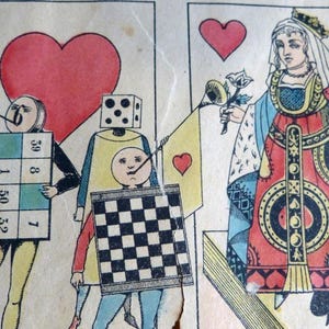 May include: A vintage game board with illustrations of playing cards, hearts, and people. The board features numbers 1, 50, 32, 7, 30, 8, and a checkerboard pattern.