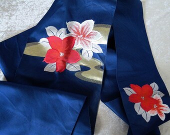 From Collection Noble Vintage Original Japanese Silk Obi Kimono Belt Blue w Red/Golden/Silver Flowers