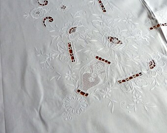 ヴィンテージ刺繍テーブルクロス、引き抜き糸カットワークホワイト 