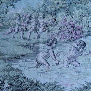 Rare Original 1900 Art-Nouveau Fringed Tapestry Pastoral Scene with Persons & Angels 66x21&quot;