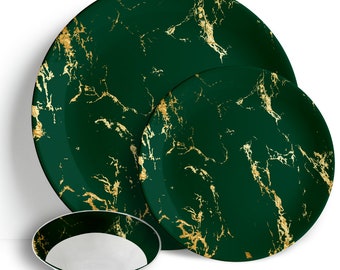 Green & Gold Marble - 18pc Dinner Set - Ceramic Porcelain China