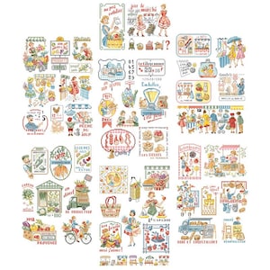 Peut inclure: Divers motifs de point de croix représentant des scènes de marché, des étals de nourriture et des clients. Les motifs incluent du texte en français, comme "jour de marché" et "bonbons", et des illustrations de fruits, légumes et produits de boulangerie. La palette de couleurs est douce, avec des tons pastel.