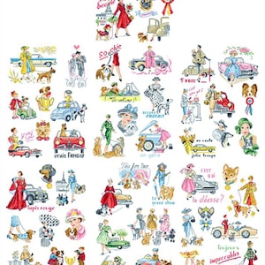 May include: A colorful illustration of a dog show with various breeds of dogs, women in stylish outfits, and vintage cars. The illustration features text in French, including "en reule", "vrais FANGIO", "Tea for two", "Tapis rouge", "C'EST", "Freed show", "la déesse?", "Terjars", "impeccables", "CX-Acquo", "Borne conduite!" and "Sur les chapeaus de rest".