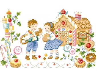 Könnte beinhalten: Eine bunte Illustration von zwei Kindern, die vor einem Lebkuchenhaus stehen. Die Kinder halten Lebkuchenkekse in der Hand. Das Haus ist mit Süßigkeiten und Zuckerguss verziert. Es gibt auch andere Lebkuchengebäck, die um das Haus herum verstreut sind.