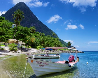 St. Lucia Sugar Beach with water taxi, Art Photo Print