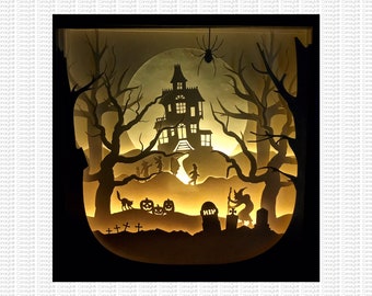 Spookhuis Shadow Box 3D, Cut File, Halloween Shadow Box, Spooky Shadow Box, Herfst Decor, Verlichte Shadow Box, Fall Decor, Halloween SVG
