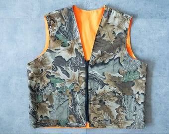 Chaleco de caza reversible vintage de los años 90 con camuflaje de árboles reales