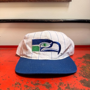 May include: A white baseball cap with thin blue pinstripes and a solid blue brim. The front features an embroidered logo of a stylized bird head in blue and green, with a small trademark symbol located to the right of the embroidery design.