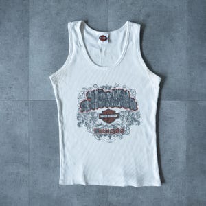 Vintage Harley Davidson Tank Top | Y2K Women’s Ribbed Biker Shirt | Gray Red Trim Motorcycle Graphic Top | Vintage Clothing | 90s Aesthetic