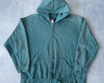 Vintage 90s Faded Green Zip Up Hoodie - Thrashed Grunge