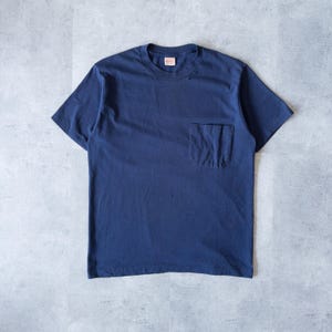 Vintage 1980s Blank Stanfields Single Stitch Tee - 80s Pocket Tee, Pocket Tshirt, Blank Tshirt, Blue 80s Shirt, Vintage Clothing
