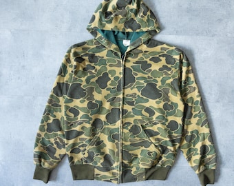 Vintage 1990s Thermal Lined Woodland Camo Zip up Hoodie / Made in