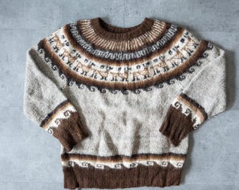 Suéter vintage de lana islandesa tejido a mano: canesú nórdico Fair Isle