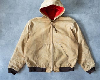 Vintage 90s Faded Workwear Hooded Jacket - Distressed Boxy Fit