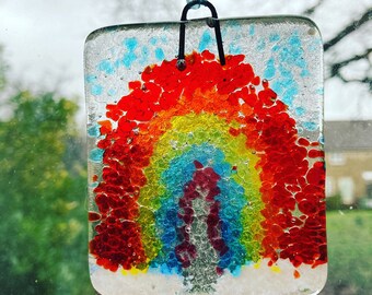 Rainbow suncatcher, handmade fused glass , rainbow window ornament comes with ribbon and suction cup hook.