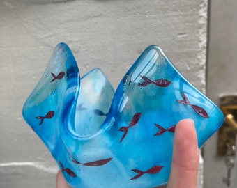 Candle holder handmade fused glass , nautical sea theme , beach theme , fish candle holder, ready to ship !