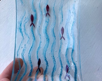 Handmade fused glass soap dish , fish and wave design ,nautical bathroom art , minimalist and contemporary bathroom art