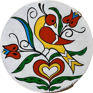 May include: A folk art painting depicting a yellow bird with red and white accents perched on a branch with green leaves and red flowers. The bird is holding a heart in its beak. The painting is signed "Hunter M. Yoder 2021".