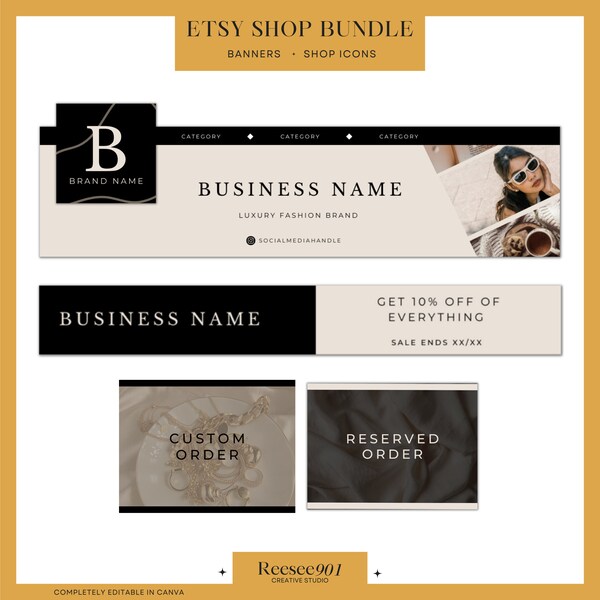 Etsy Shop Bundle - Banner Templates, and Receipt Banner Luxe Collection , Editable Canva Templates Etsy Kit - Luxe