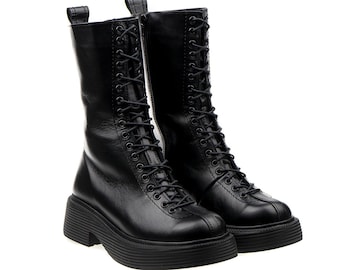 Handmade Black Leather Combat Boots: Chunky Heel Zipper Boots
