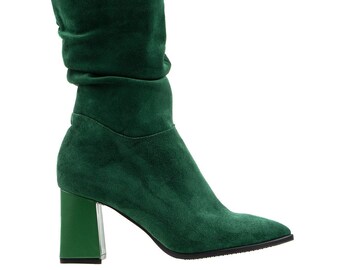 Green Boots with Chunky Heel ~ Suede Leather Boots ~ Stylish Chunky Heels ~ Green Zippered Boots ~ Elegant Green Booties ~ High Top Boots