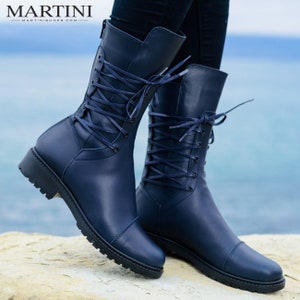 Dameslaarzen met stropdassen in marineblauw ~ echt leren laarzen ~ laarzen met lage hak ~ laarzen met rits ~ warme laarzen ~ blauwe winterlaarzen
