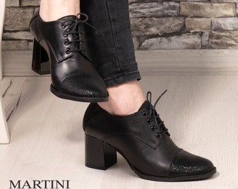 Handmade Black Leather Oxford Shoes: Chunky Heel Pointy Toe