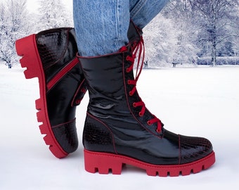 Women Combat Boots Black Boots Red Ties 