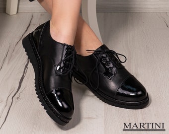 Women's Black Oxford Shoes ~ Patent Leather ~ Autumn Shoes ~ Lace Up Shoes ~ Flat Platforms ~ Genuine Leather ~ Blue Laces ~ Black Platforms