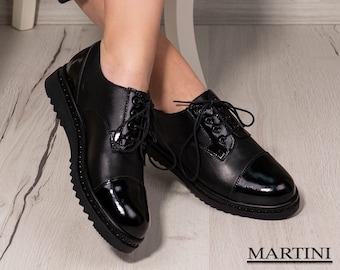 Women's Handmade Patent Leather Oxford Shoes: Black Platform Lace-Ups