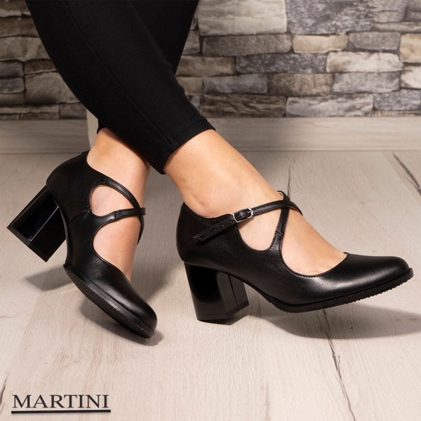 Women's Shoes ~ Black Mary Janes ~ Genuine Leather ~ High Chunky Heels ~ Pointy Toe Shoes ~ Ankle Strap ~ Stylish Shoes ~ Elegant Heels