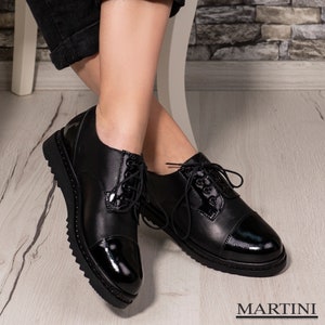 Women's Black Oxford Shoes ~ Patent Leather ~ Autumn Shoes ~ Lace Up Shoes ~ Flat Platforms ~ Genuine Leather ~ Blue Laces ~ Black Platforms